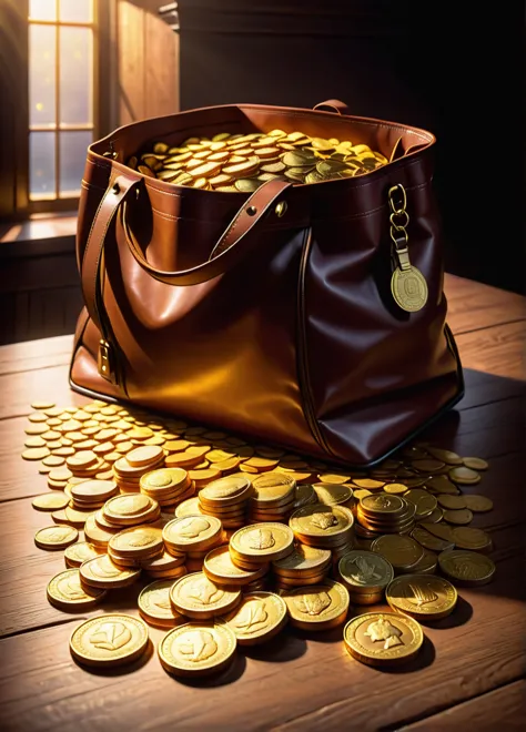 bag of gold coins, (gold in leather bag: 1.6), (light golden glow: 1.5), wooden table dark background, ((looking at viewer:1.2),...