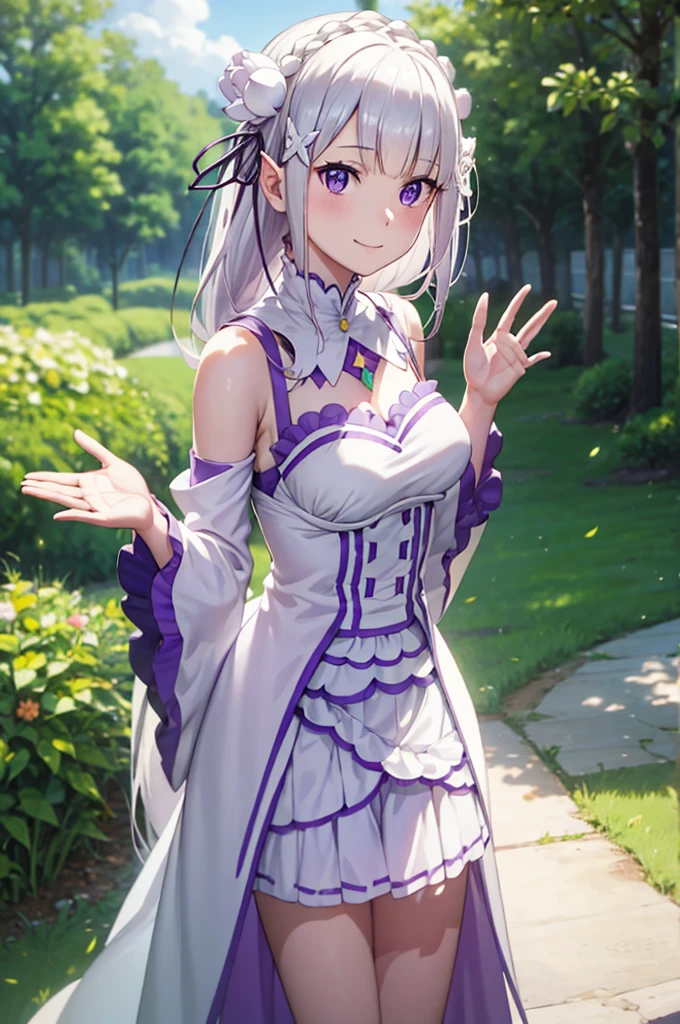 (masterpiece:1.3), (best quality:1.1), (8k, ultra detailed, ultra high res:1.2), ((anime style)), (perfect 5 fingers:1.1), (perfect anatomy:1.1), 
1girl,
emilia\(re:zero\),
long hair, low-tied long hair, braid, crown braid, 
white hair, 
purple eyes, 
(pointy ears:0.8), 
flower, hair flower, hair ornament, hair ribbon, white flower, x hair ornament, 
BREAK medium breasts, 
dress, pink dress, bare shoulders, detached collar, long sleeves, shoulder cutout, wide sleeves, white sleeves, 
(light smile:1.3), 
looking at viewer, 
upper body,  
BREAK standing, (Waving hand:1.3), outdoor, forest, sky, summer, particle, 