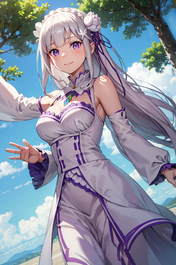 (masterpiece:1.3), (best quality:1.1), (8k, ultra detailed, ultra high res:1.2), ((anime style)), (perfect 5 fingers:1.1), (perfect anatomy:1.1), 
1girl,
emilia\(re:zero\),
long hair, low-tied long hair, braid, crown braid, 
white hair, 
purple eyes, 
(pointy ears:0.8), 
flower, hair flower, hair ornament, hair ribbon, white flower, x hair ornament, 
BREAK medium breasts, 
dress, pink dress, bare shoulders, detached collar, long sleeves, shoulder cutout, wide sleeves, white sleeves, 
(light smile:1.3), 
looking at viewer, 
upper body,  
BREAK standing, (Waving hand:1.3), outdoor, forest, sky, summer, particle, 