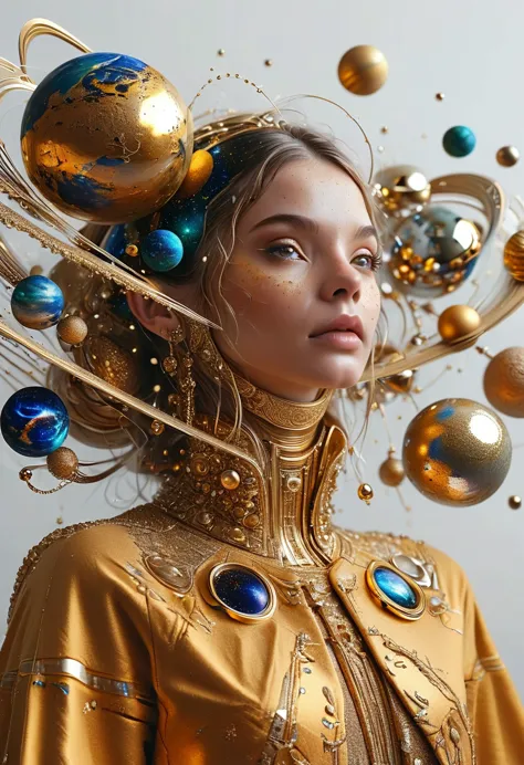 a highly detailed and intricate 3d portrait of a person, golden color, surrounded by many orbiting planets with complex planetar...