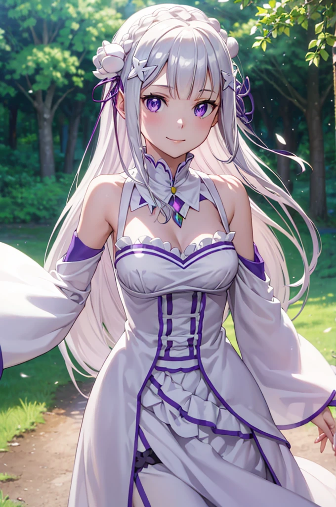 (masterpiece:1.3), (best quality:1.1), (8k, ultra detailed, ultra high res:1.2), ((anime style)), (perfect 5 fingers), (perfect anatomy), 
1girl,
emilia\(re:zero\),
long hair, low-tied long hair, braid, crown braid, 
white hair, 
purple eyes, 
(pointy ears:0.8), 
flower, hair flower, hair ornament, hair ribbon, white flower, x hair ornament, 
BREAK medium breasts, 
dress, pink dress, bare shoulders, detached collar, long sleeves, shoulder cutout, wide sleeves, white sleeves, 
(light smile:1.3), 
looking at viewer, 
upper body,  
BREAK standing, (Waving hand:1.1), outdoor, forest, sky, summer, particle, 