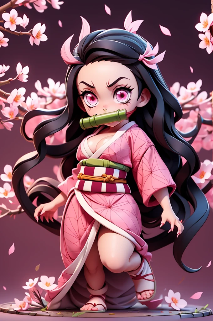 1 woman, full body, nezuko kamado oni mode, with bamboo in her mouth, demon hunter, Kimetsu no yaiba, beautiful, long hair, pink eyes, perfect, ultra hd, naked, showing her breasts, showing her pussy, nails like claws, perfect feet, demon hunter scenario, under a sakura tree, sakura leaves falling from the sky, angry face, beautiful feet, beautiful pussy, beautiful tits, legs open (showing the pussy in great detail)