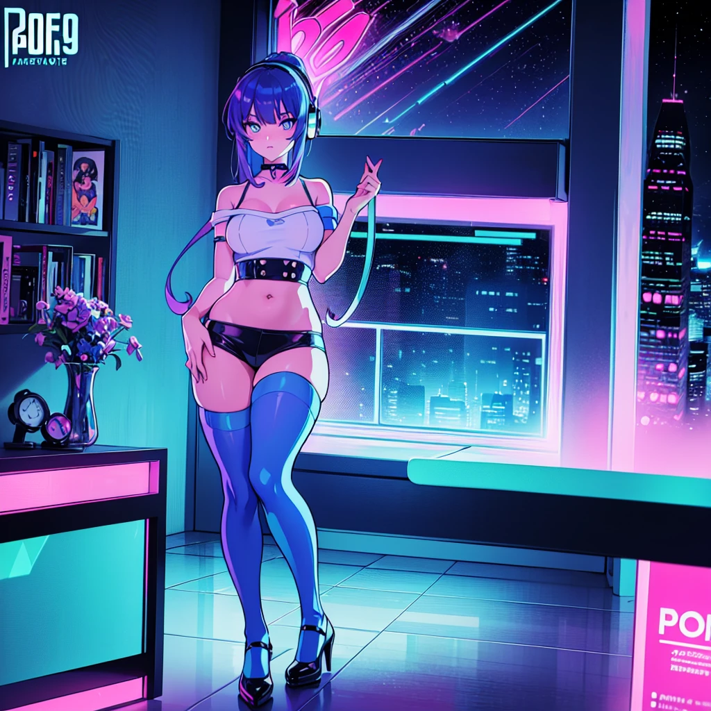 (masterpiece), Highest quality, Expressive eyes, Neon pastel aesthetics, Retro 90s, Neon color,((Girl sitting on sofa,In a cozy room,Records hanging on her wall, Comic books on the floor, Looking out the window behind her at the night city, Upholstered room, Anime figures lined up on a shelf)), Wearing headphones, (All around her it sparkles), (Wearing high socks and heels), (blue eyes), (Soft look), (Synthwave Art Style), Colorful Hair, Desk with PC set up