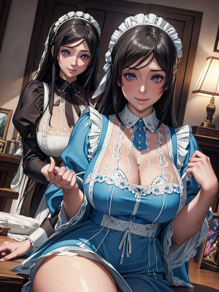 NFSW, Beautiful detailed portrait of a girl with big eyes, Fuller lips, Smiling Kindly, Long eyelashes, see through Maid clothesを着て, tihn fabric clothing, In sensual poses, (highest quality,4K,8k,High resolution,masterpiece:1.2),Super detailed,(Realistic,photoRealistic,photo-Realistic:1.37),Highly detailed face, Maid clothes, Intricate details, Vibrant colors, Dramatic lighting, Structure of the film, Anime-inspired art style