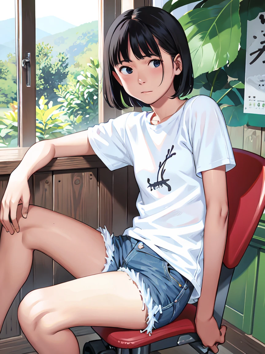 NSFW、t-shirt blanc、Hotpants courts en jean、Asseyez-vous en grattant Hu、