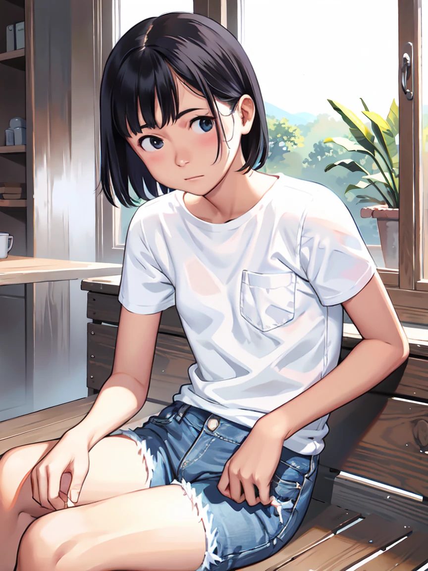 nsfw、white t-shirt、short denim hot pants、Sit down scratching Hu、