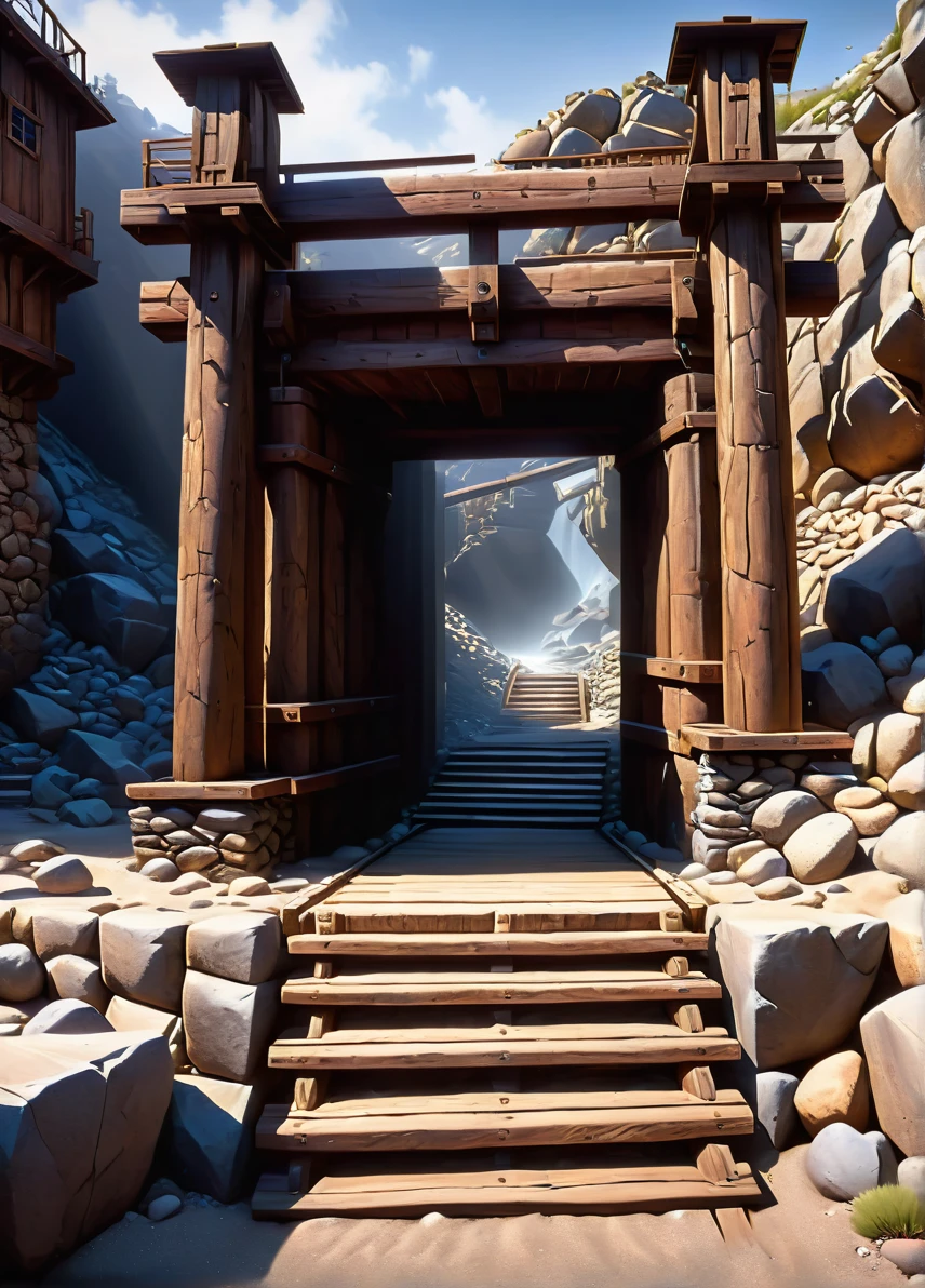 old mine, (mine entry: 1.6), (wooden support : 1.5), small rocks on side, ((looking at viewer:1.2), (from side:0.8)), volumetric lighting dynamic lighting, real shadows, vibrant contrasting colors, style of Stephen Hickman and Stan Manoukian, ultra realistic, masterpiece, high quality, highres, sharp focus, intricate, sharp details, highly detailed, rich color, 8K,