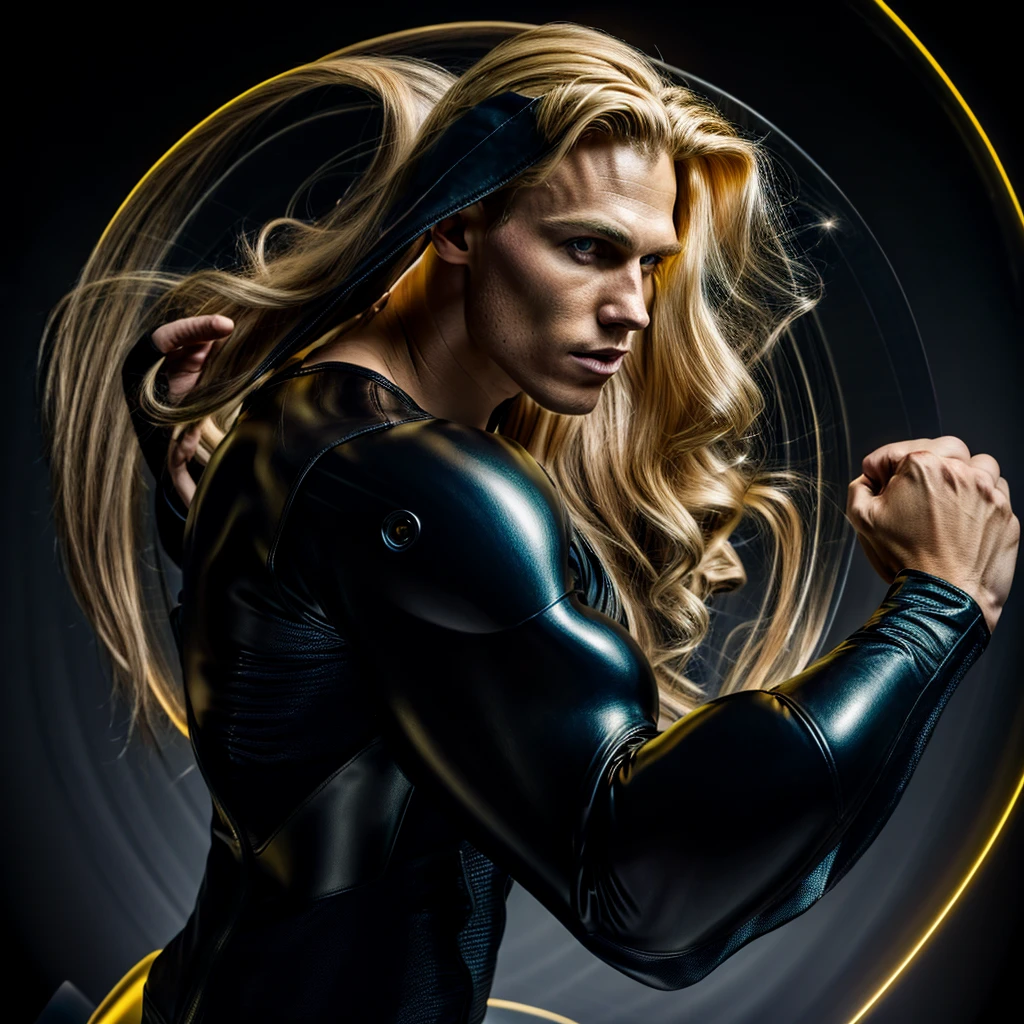 A muscled young beauty man wearing dark gray latex with brilliant yellow hologram ancient unknown characters projected by the suit on the air around him. He has a very long blonde and golden hair. Ultrarealistic Art in 4k. He IS running on a speed light and left behind him E=MC2 and 299 792 458 floating on the air.