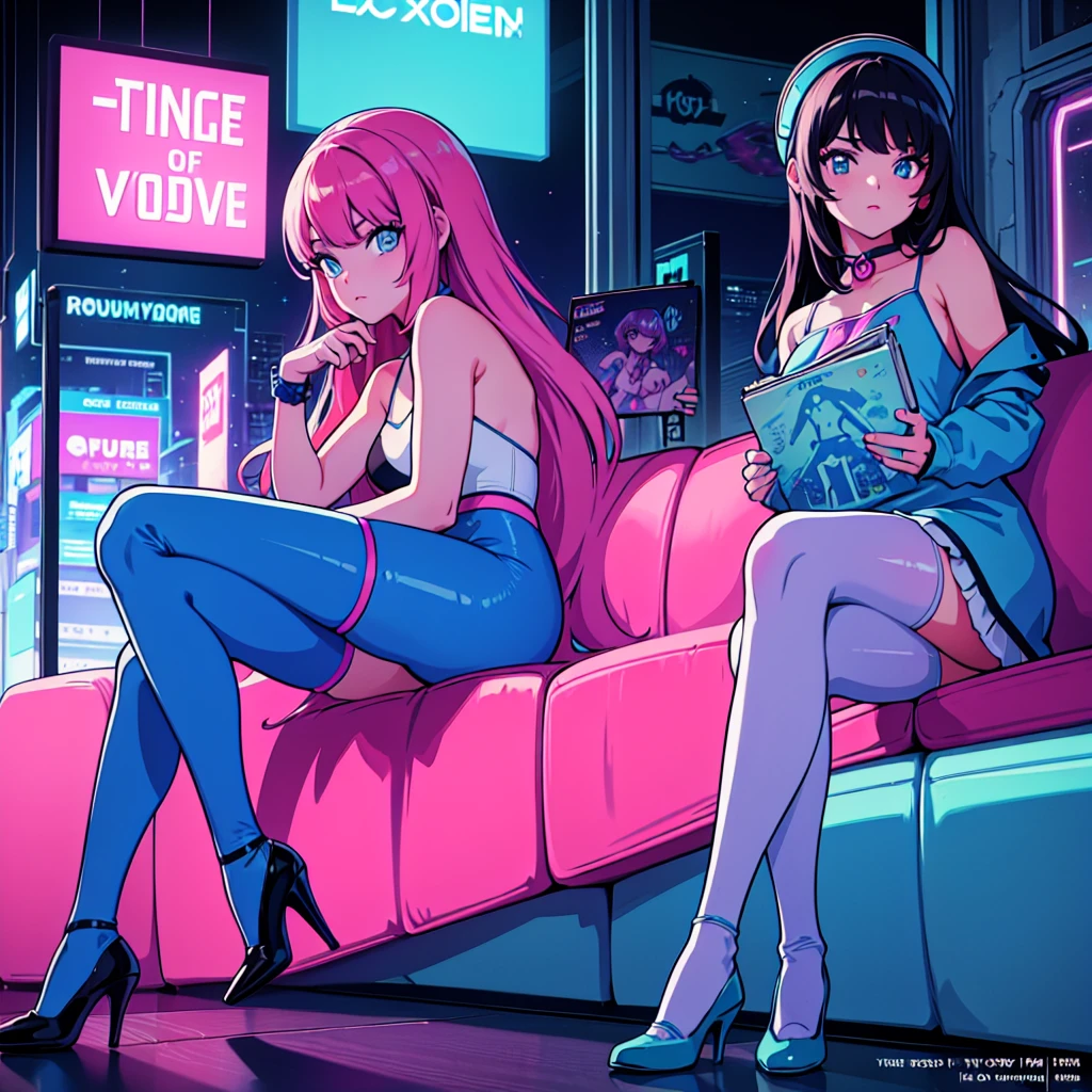 (masterpiece), Highest quality, Expressive eyes, Neon pastel aesthetics, Retro 90s, Neon color,((Girl sitting on sofa,In a cozy room,Records hanging on her wall, Comic books on the floor, Looking out the window behind her at the night city, Upholstered room, Anime figures lined up on a shelf)), Wearing headphones, (All around her it sparkles), (Wearing high socks and heels), (blue eyes), (Soft look), (Synthwave Art Style), Colorful Hair, Desk with PC set up