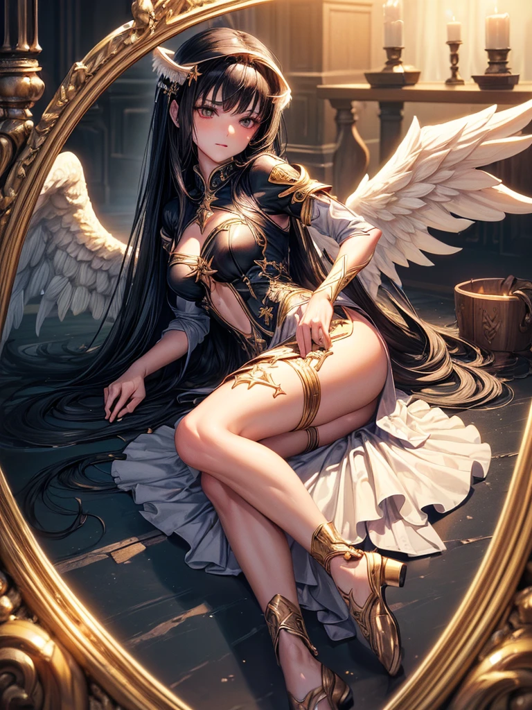 ((best quality)),(Ultra-high resolution),(Super detailed),(Detailed description),((Best CG))(Fantasy art with precise details:1.5), Black Hair，European classical long dress，(1 Female Angel:1.6),Angel Wings，side，Injuried，Blood，Half kneeling，Serious expression，get shot，Being chopped