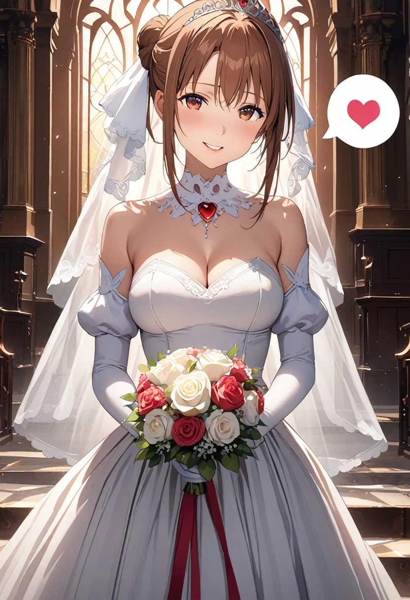 Highest quality、Super detailed、High resolution illustrations、Ultra-high-definition CG、８k size wallpaper、Production Art、Light novel illustrations、（１People Girls)、asuna yuuki, hair bun bridal、bangs, brown hair, brown eyes, bare shoulders, detached sleeves, white dress, Crimson Lipstick、A smile full of happiness、tears、Wink、wiping tears、Puff sleeves、hair bun、Bridal Veil、tiara、Cleavage cutouts、Red brooch、Wedding dress、White Dress、White Gloves、Long skirt、White Stockings、White stiletto heels、Holding a bouquet in both hands、Full Body、hyperrealistic、(((spoken heart:1.5)))、