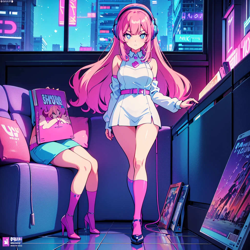 (masterpiece), Highest quality, Expressive eyes, Neon pastel aesthetics, Retro 90s, Neon color,((Girl sitting on sofa,In a cozy room,Records hanging on her wall, Comic books on the floor, Looking out the window behind her at the night city, Upholstered room, Anime figures lined up on a shelf)), Wearing headphones, (All around her it sparkles), (Wearing high socks and heels), (blue eyes), (Soft look), (Synthwave Art Style), Colorful Hair, Desk with PC set up