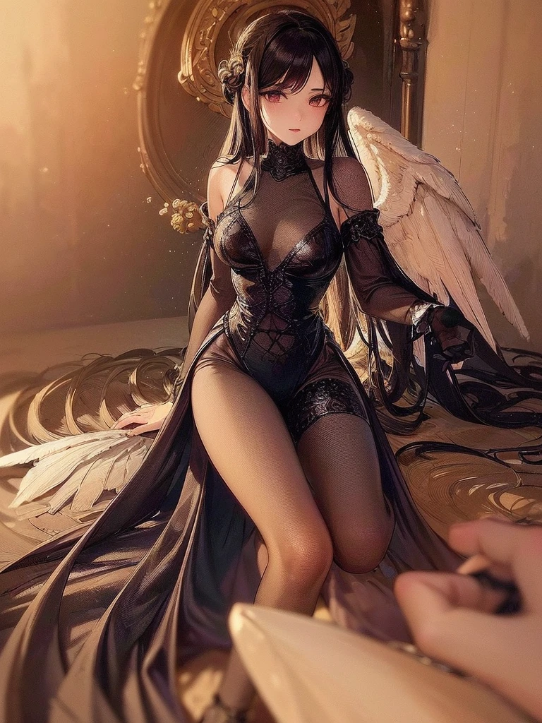 ((best quality)),(Ultra-high resolution),(Super detailed),(Detailed description),((Best CG))(Fantasy art with precise details:1.5), Black Hair，European classical long dress，(1 Female Angel:1.6),Angel Wings，side，Injuried，Blood，Half kneeling，Serious expression，get shot，Being chopped