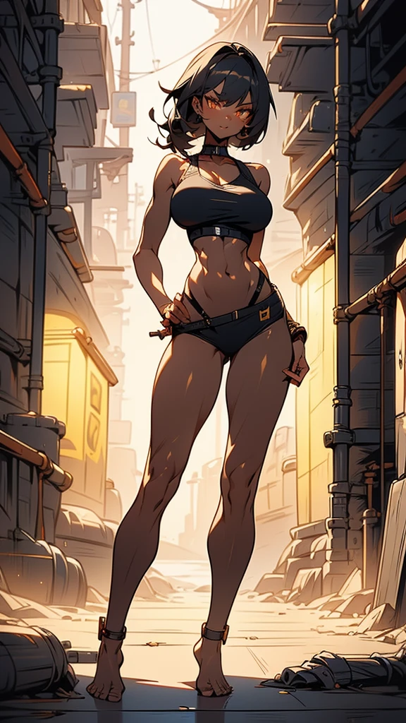 Masterpiece, best quality, high resolution, 1 woman, Karin , black skin , black hair , golden eyes , black tank top , black bikini , abdomen , big breasts, Long legs , Barefoot , Put your hands on your hips.. , stand perfectly erect , alley , tall building 