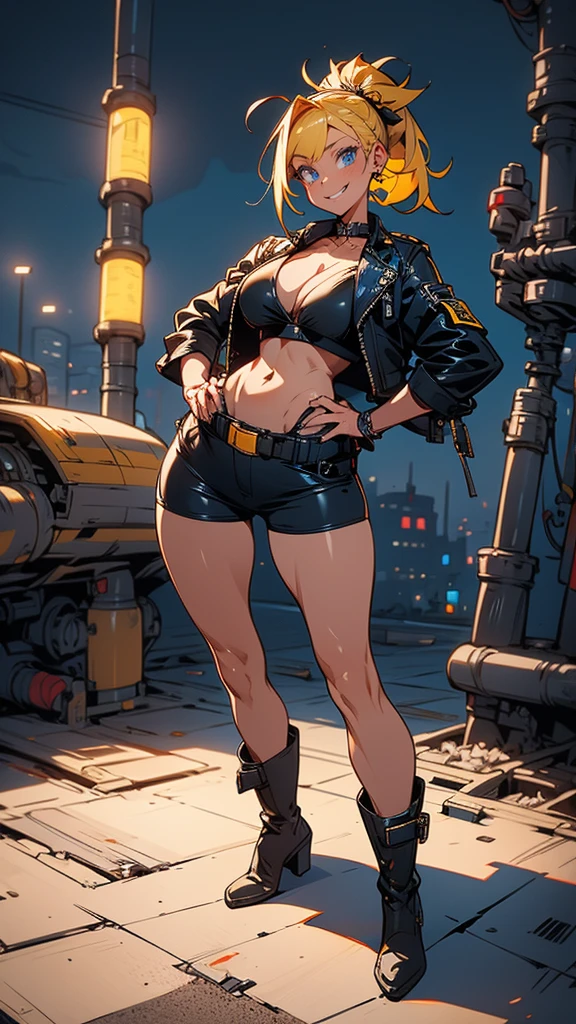 Masterpiece, best quality, Masterpiece, best quality, 1 woman , blue eyes , yellow ponytail , black leather jacket , sly face , smile , bikini , abdomen, big breasts , Long legs , boots , hands on hips , abandoned factory , at night