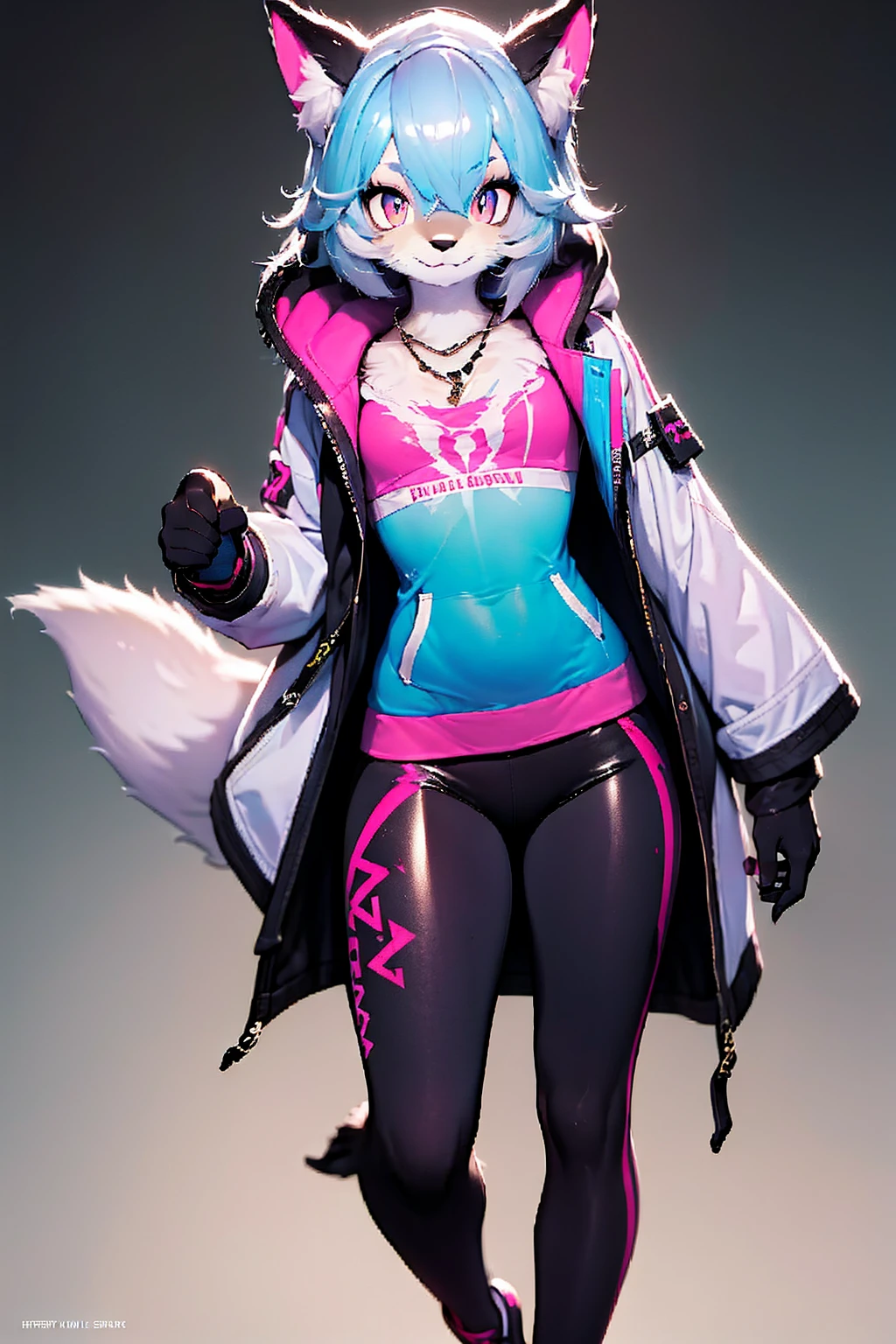 furry:1.5, Oh, league of legend, sexy for, wallpapers, detailed eyes, fox ear, (fox tails), a skirt, (long pink fur), medium breasts, Looking at_It is shown in_Looking atl espectador, short_Hair, gloves, belly button, fail, Blue_there are eyes, Eternal, full_body, weapon, Footwear, Necklaces, negro_gloves, pulp, hooded, Hair_overcome_Yoon_there are eyes, cultivator_above, Hoodie, negro_pants, sneakers, cut_Jacket, cyber punk character, cut_Hoodie