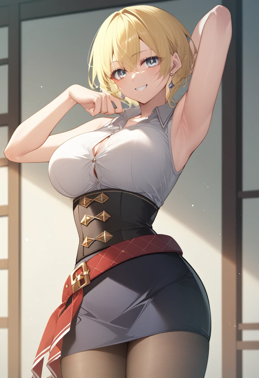 masterpiece)),((Highest quality)),High resolution,Highly detailed CG,Perfect lighting,8k wallpaper、One Woman, alone、Very large breasts、Very large breasts、Side bust、very thick legs、smile、Blonde,Looking into the camera、Grey Eyes、short hair、ミディアムshort hair、black short pencil skirt、Sleeveless white business shirt、black corset skirt、Wrap a belt around your waist、Show your armpits、Raise your arms、black tights、