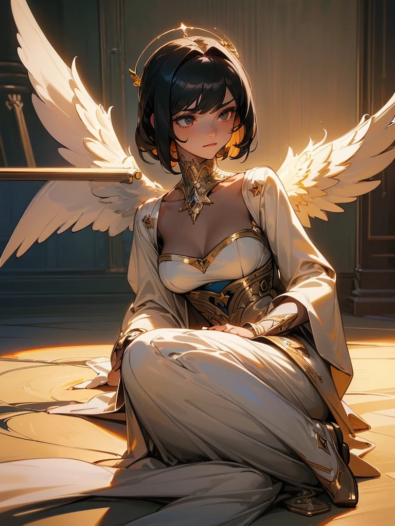 ((best quality)),(Ultra-high resolution),(Super detailed),(Detailed description),((Best CG))(Fantasy art with precise details:1.5), Black Hair，European classical long dress，Elizabeth neckline，(1 Female Angel:1.6),Angel Wings，side，Injuried，Blood，Half kneeling，Serious expression，get shot，Being chopped