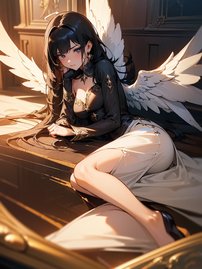 ((best quality)),(Ultra-high resolution),(Super detailed),(Detailed description),((Best CG))(Fantasy art with precise details:1.5), Black Hair，European classical long dress，Elizabeth neckline，(1 Female Angel:1.6),Angel Wings，side，Injuried，Blood，Half kneeling，Serious expression，get shot，Being chopped