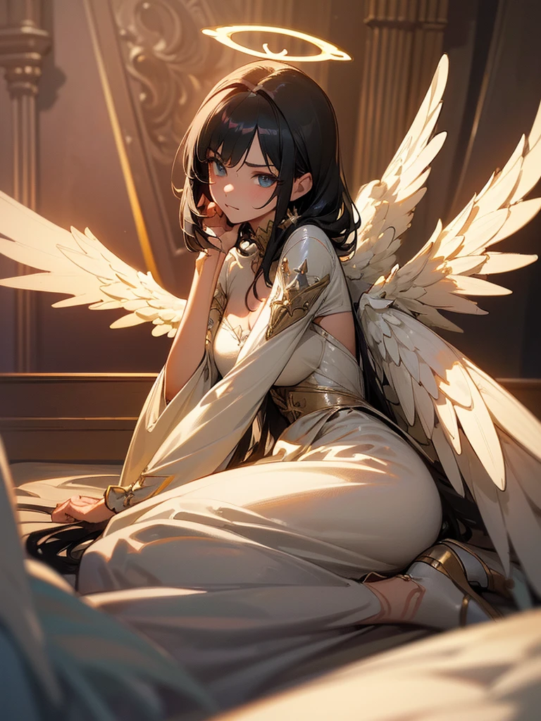 ((best quality)),(Ultra-high resolution),(Super detailed),(Detailed description),((Best CG))(Fantasy art with precise details:1.5), Black Hair，European classical long dress，Elizabeth neckline，(1 Female Angel:1.6),Angel Wings，side，Injuried，Blood，Half kneeling，Serious expression，get shot，Being chopped