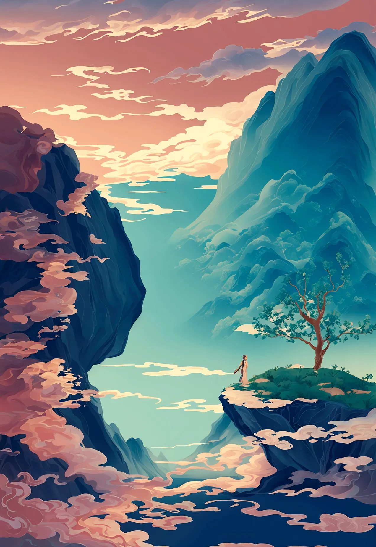 Generate a scene with a cliff and a sea of clouds below