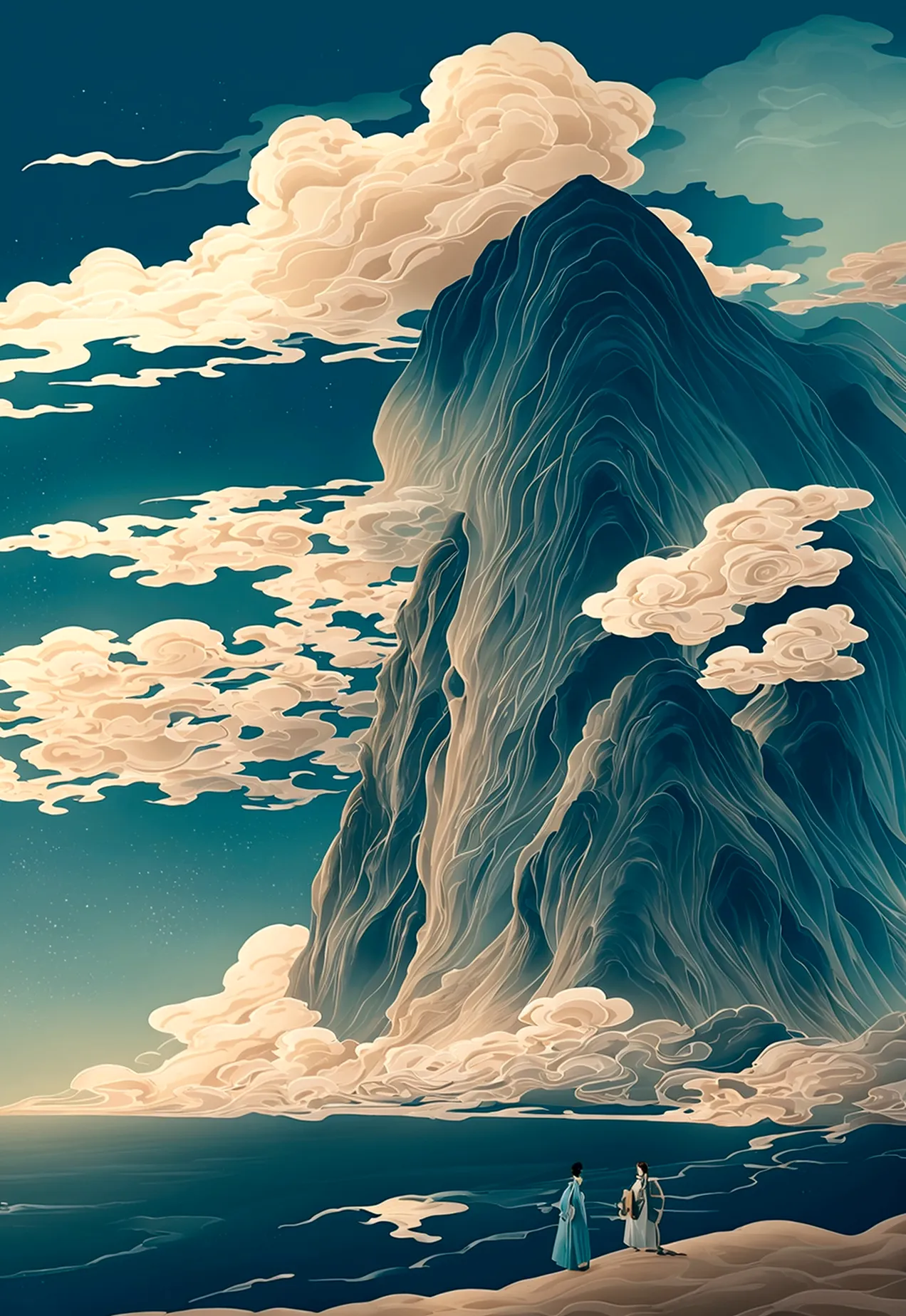 generate a scene with a cliff and a sea of clouds below