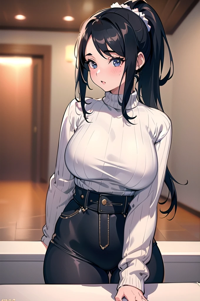 20 years old,1 girl, extremely thick thighs, hyperrealistic, 8k, (extremely detailed 8k), (very delicate and beautiful), (masterpiece), (better quality:1.0), (ultra high resolution:1.0), (masterpiece, best quality), cute,black hair,big breasts,leaning forward,ponytail,upper body,POV,sweater onepiece