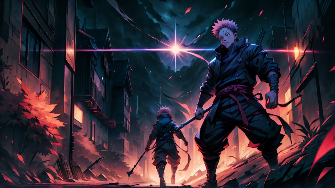 onepiec, Naruto, demonslayer, jujutsu kaisen, fighting with each other, full body shot, 173 cm, black outfit, pink hair, run, angry, red and dark moon city night background, wallpaper, cinematic,High resolution 8K, Bright light illumination, lens flare, sharpness, masterpiece, top-quality, The ultra -The high-definition, high resolution, extremely details CG, Anime style, Film Portrait Photography,masterpiece,hyperdetail