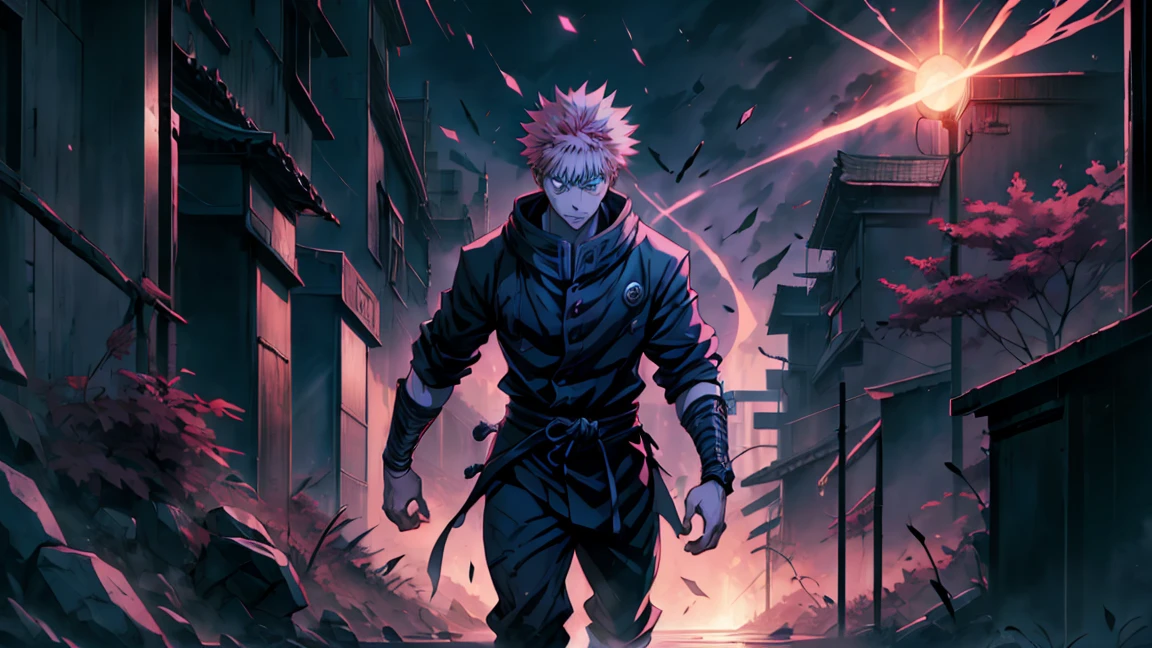 onepiec, Naruto, demonslayer, jujutsu kaisen, fighting with each other, full body shot, 173 cm, black outfit, pink hair, run, angry, red and dark moon city night background, wallpaper, cinematic,High resolution 8K, Bright light illumination, lens flare, sharpness, masterpiece, top-quality, The ultra -The high-definition, high resolution, extremely details CG, Anime style, Film Portrait Photography,masterpiece,hyperdetail