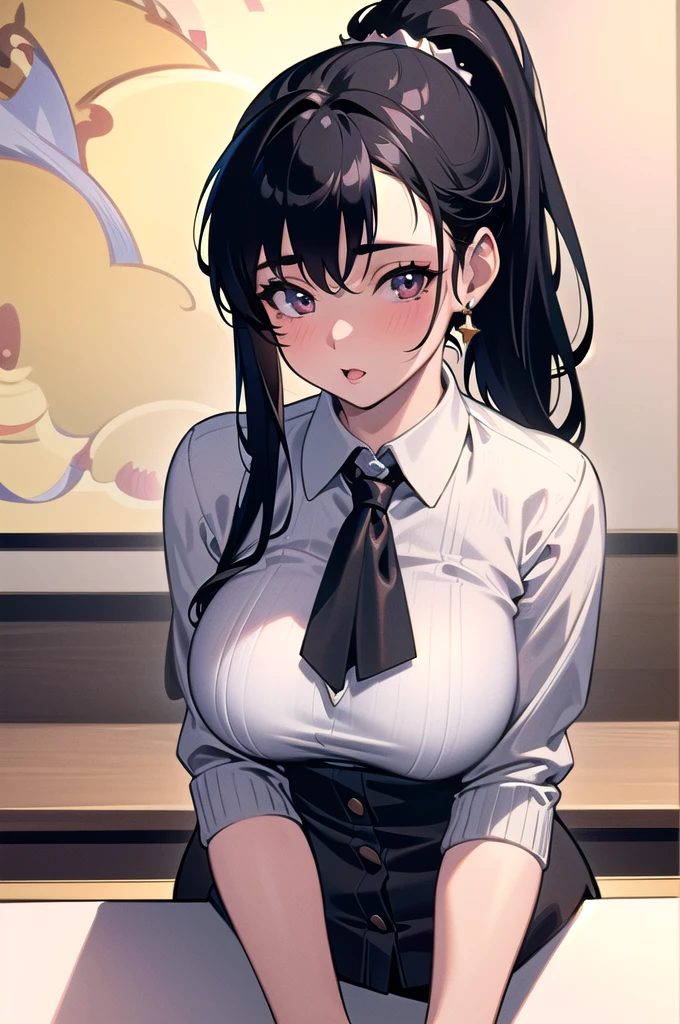 20 years old,1 girl, extremely thick thighs, hyperrealistic, 8k, (extremely detailed 8k), (very delicate and beautiful), (masterpiece), (better quality:1.0), (ultra high resolution:1.0), (masterpiece, best quality), cute,black hair,big breasts,leaning forward,ponytail,upper body,POV,, cardigan