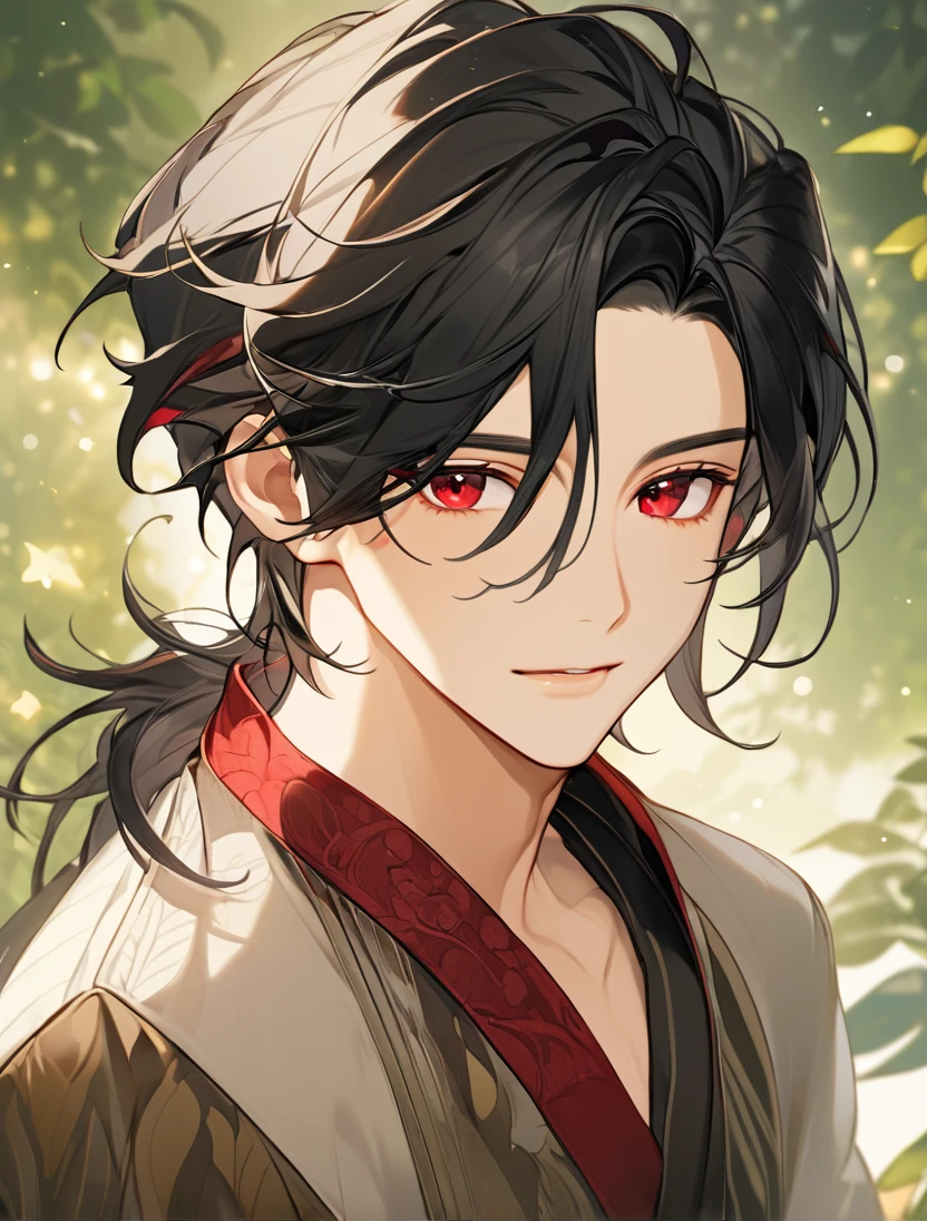 (Black_Hair), (red_ruby_eyes), (Handsome), (attractive), (male), (close_up_shot), (detailed_eyes), (detailed_hair), (clean_hair), (carefree_expression), (vertical_pupils), (peaceful_atmosphere), (jawline), 