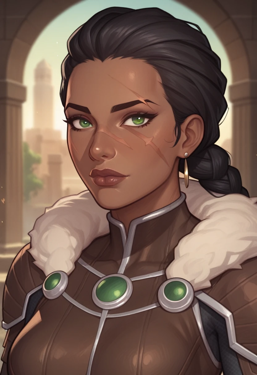 (((beautiful, high quality, perfect eyes, comics style))), upper body, score_9, score_8_up, score_7_up, 1girl, (((mature african woman, dark skin female:1.1, dark-skinned))), scar on face,black hair,greeneyes,side braid, leather armor,fur trim, fantasy background, blurred background, easynegative