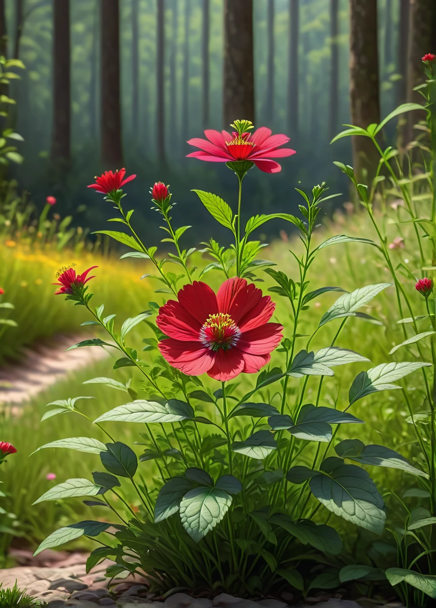 precocious herb , (pretty herb with red flower : 1.5), (small flower: 1.0), (wild: 1.0), meadow with short grass and forest background , full shot, ((looking at viewer:1.2), (from side:0.8)), volumetric lighting dynamic lighting, real shadows, vibrant contrasting colors, style of Stephen Hickman and Stan Manoukian, ultra realistic, masterpiece, high quality, highres, sharp focus, intricate, sharp details, highly detailed, rich color, 8K,