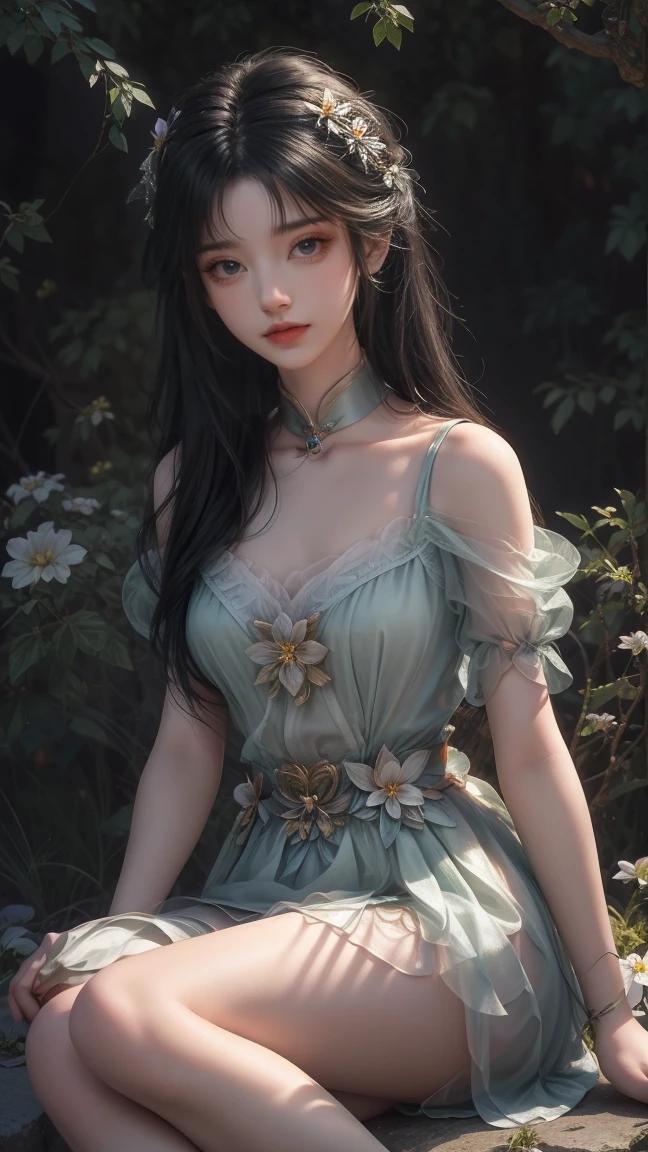 1girl, girl with long black hair, smiling, cheerful, girl is sitting among a wide expanse of flowers, surrounded by beautiful flowers, Calm and peaceful atmosphere, night, moonlight , Beautiful glowing butterflies surround the girl lighting up the darkness of the night, magic,Romantic, the night breeze blows the Sepoi Sepoi girl's hair, 