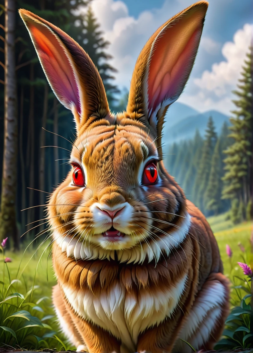 wild rabbit , (rabbit with horn: 1.5), (red eyes: 1.0), (wild: 1.0), meadow with short grass and forest background , full shot, ((looking at viewer:1.2), (from side:0.8)), volumetric lighting dynamic lighting, real shadows, vibrant contrasting colors, style of Stephen Hickman and Stan Manoukian, ultra realistic, masterpiece, high quality, highres, sharp focus, intricate, sharp details, highly detailed, rich color, 8K,