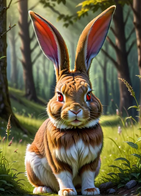 wild rabbit , (rabbit with horn: 1.5), (red eyes: 1.0), (wild: 1.0), meadow with short grass and forest background , full shot, ...
