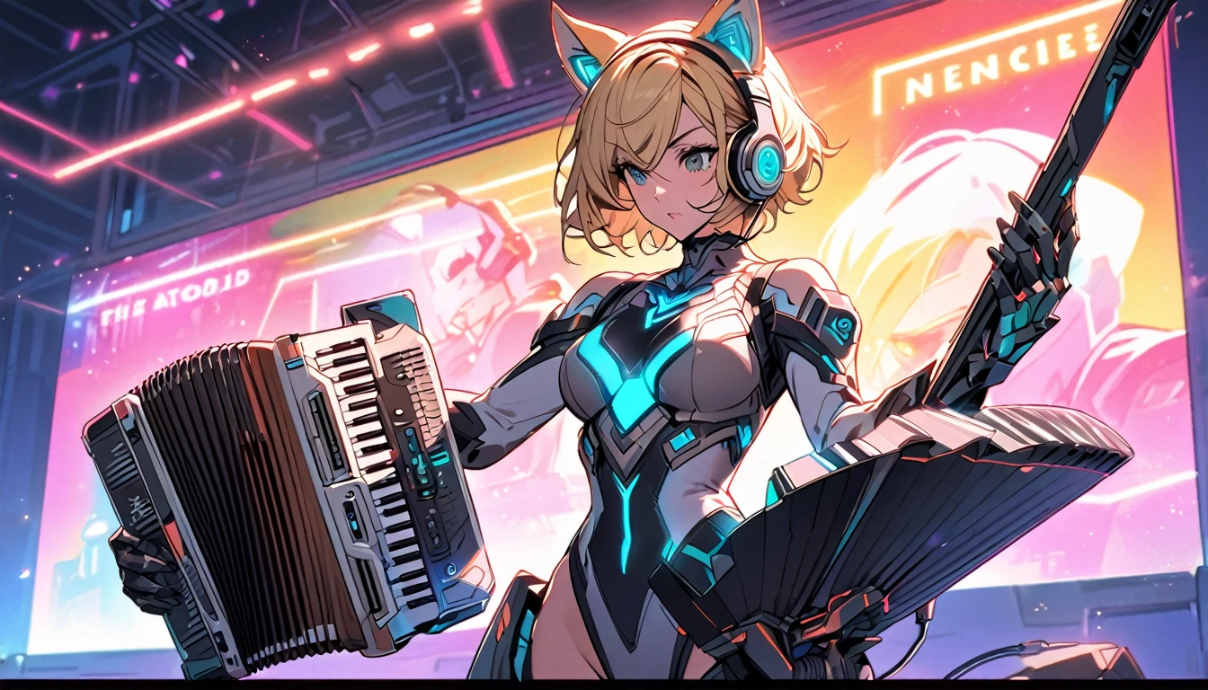 Beautiful single woman, sexy woman, manly short hair, pixie, blonde hair, glowing wires, headphones, cat ears and neon sci-fi robot leotard. Behind it is a robot with neon lights. The background image is a clearly visible large robot on a stage, playing music, playing the accordion.