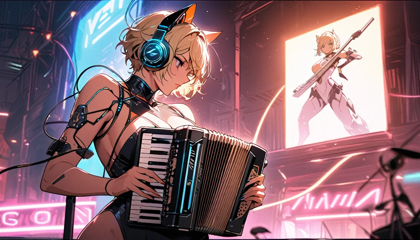 Beautiful single woman, sexy woman, manly short hair, pixie, blonde hair, glowing wires, headphones, cat ears and neon sci-fi robot leotard. Behind it is a robot with neon lights. The background image is a clearly visible large robot on a stage, playing music, playing the accordion.