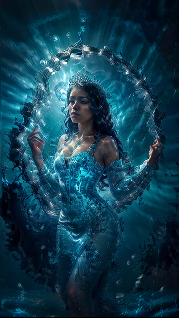 "(masterpiece: 1.2), 8K UHD resolution, Latina Water Goddess Adult model Daisy Marie, standing ethereal amidst a vast shimmering ocean. Her silhouette merges with cascading waterfalls and fluid streams. Wearing a detailed crown adorned with pearls, and a gown as translucent as liquid silk embellished with sea jewels and corals. In her hand, she holds a trident, a symbol of her dominion over the seas. Her intense, glowing blue eyes capture the essence of the ocean, radiating an inner luminescence that beckons the mysteries of the deep."