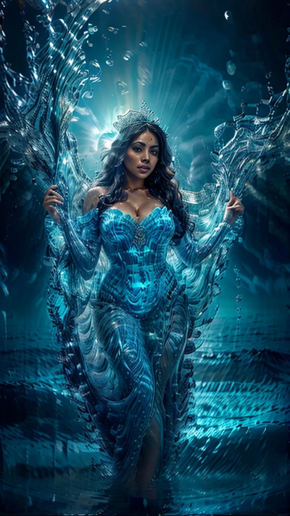 "(masterpiece: 1.2), 8K UHD resolution, Latina Water Goddess Adult model Daisy Marie, standing ethereal amidst a vast shimmering ocean. Her silhouette merges with cascading waterfalls and fluid streams. Wearing a detailed crown adorned with pearls, and a gown as translucent as liquid silk embellished with sea jewels and corals. In her hand, she holds a trident, a symbol of her dominion over the seas. Her intense, glowing blue eyes capture the essence of the ocean, radiating an inner luminescence that beckons the mysteries of the deep."