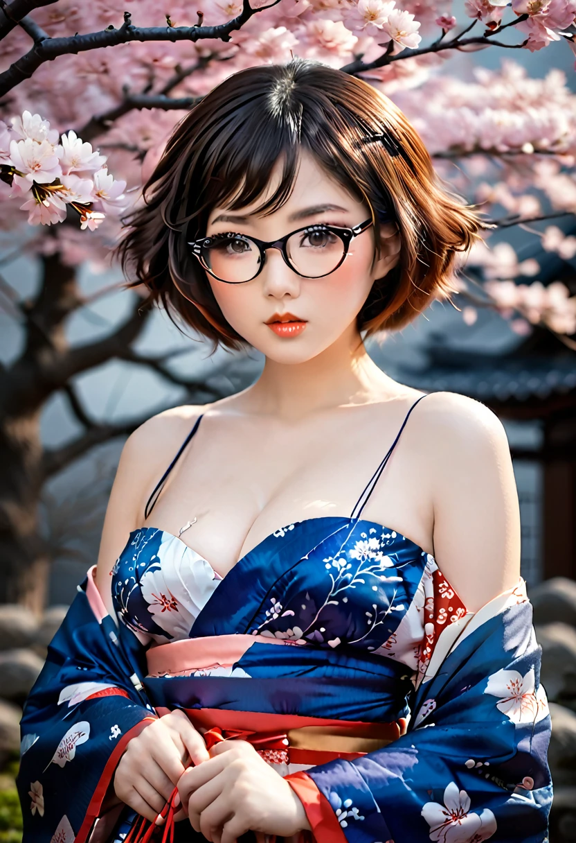 score_9, score_8_up, score_7_up, score_6_up, score_5_up, score_4_up, sexy asian girl, 1girl, japanese geisha, 20 years old, face close up, full body portrait, (geisha hairstyle), very short hair, wearing eyeglasses, big brown eyes, nihongami, geisha makeup, modest look, seducing viewer, hearts, posing, sexy pose, solo, blue floral kimono, off shoulder, bonsai, sakura, cherry blossom, submission, sunset, flowers, plants, cinematic lightings