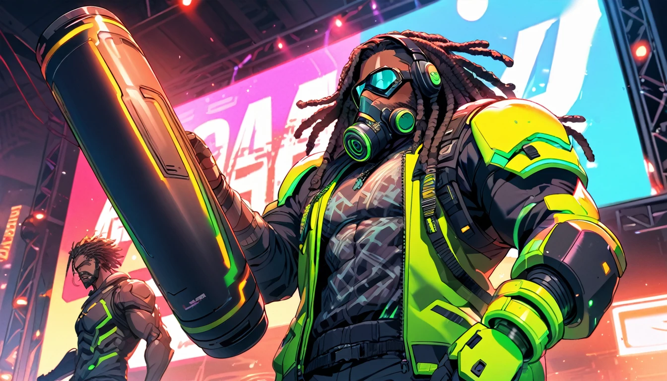 Handsome, single, muscular, clearly tattooed, male, black eyes, beard, dreadlocks, dark skin, orange-green highlighted hair, headphones, neon-colored sci-fi robot suit. Mixes sci-fi and neon tones. Behind it is a robot with neon lights. In the background, a large robot was clearly singing on stage. Wear a gas mask, neon shirt, wear a gas mask, play music, play a large electric drum.Big drum