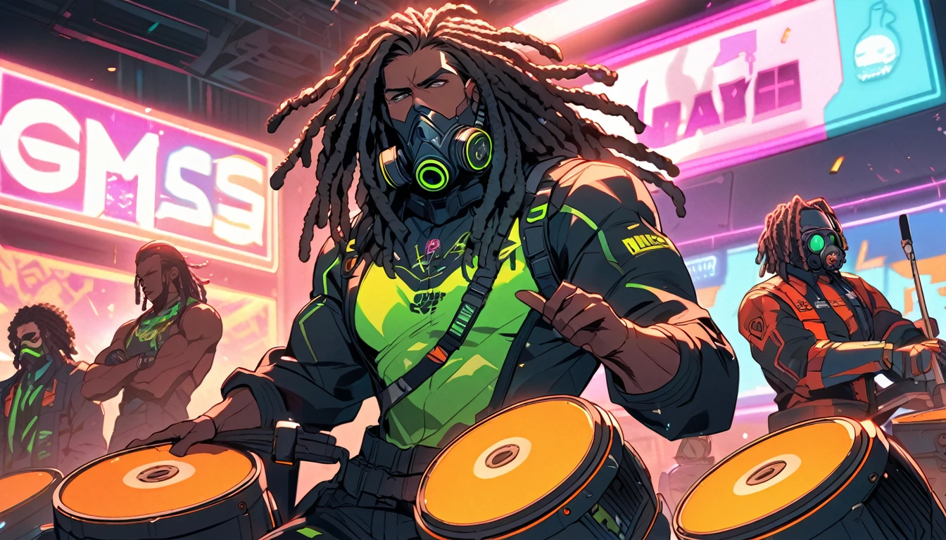 Handsome, single, muscular, clearly tattooed, male, black eyes, beard, dreadlocks, dark skin, orange-green highlighted hair, headphones, neon-colored sci-fi robot suit. Mixes sci-fi and neon tones. Behind it is a robot with neon lights. In the background, a large robot was clearly singing on stage. Wear a gas mask, neon shirt, wear a gas mask, play music, play a large electric drum.Big drum