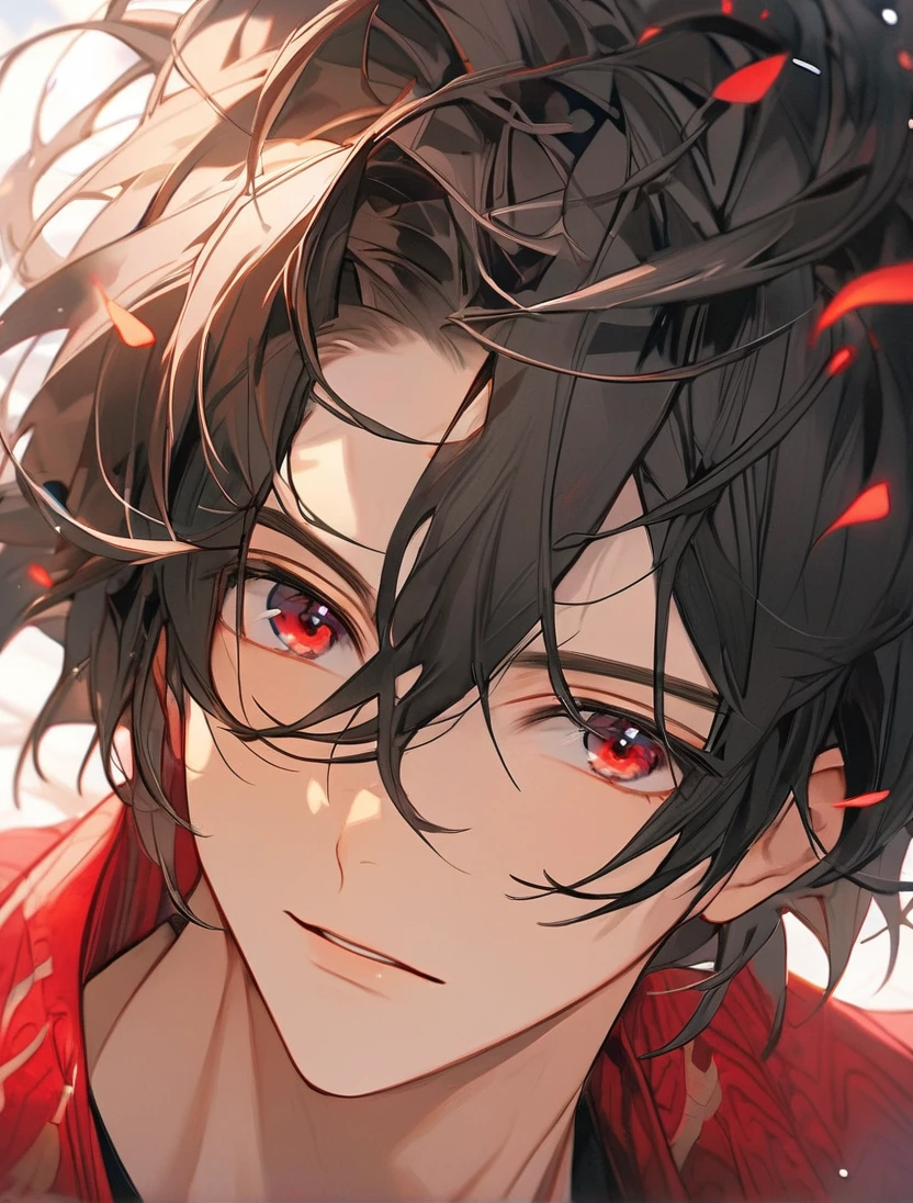 (Black_Hair), (red_ruby_eyes), (Handsome), (attractive), (male), (close_up_shot), (detailed_eyes), (detailed_hair), (clean_hair), (carefree_expression), (vertical_pupils), (peaceful_atmosphere), (jawline), 