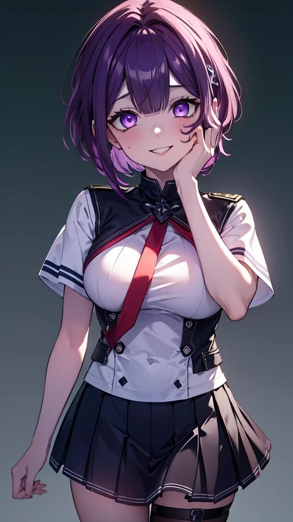 ((Best quality)), ((masterpiece)), (detailed:1.4)), 1girl, short dark purple hair, square bangs, fair skin, purple eyes, sharp eyes, big breasts, thighs, white uniform, short sleeves, skirt with unique patterns, at school, night time, yandere face, yandere, showing teeth, smiling wide, crazy eyes , glowing eyes , crazy smile, Trance , hands on own face,hands on own cheeks, Trance Eyes , yameroyandere , constricted pupils, HDR (High Dynamic Range),Ray Tracing,NVIDIA RTX,Super-Resolution,Unreal 5,Subsurface scattering,PBR Texturing,Post-processing,Anisotropic Filtering,Depth-of-field,Maximum clarity and sharpness,Multi-layered textures, Albedo and Specular maps,Surface shading,Accurate simulation of light-material interaction,Perfect proportions,Octane Render,Two-tone lighting,Wide aperture,Low ISO,White balance,Rule of thirds,8K RAW