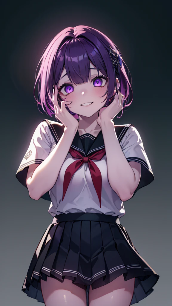 ((Best quality)), ((masterpiece)), (detailed:1.4)), 1girl, short dark purple hair, square bangs, fair skin, purple eyes, sharp eyes, big breasts, thighs, white uniform, short sleeves, skirt with unique patterns, at school, night time, yandere face, yandere, showing teeth, smiling wide, crazy eyes , glowing eyes , crazy smile, Trance , hands on own face,hands on own cheeks, Trance Eyes , yameroyandere , constricted pupils, HDR (High Dynamic Range),Ray Tracing,NVIDIA RTX,Super-Resolution,Unreal 5,Subsurface scattering,PBR Texturing,Post-processing,Anisotropic Filtering,Depth-of-field,Maximum clarity and sharpness,Multi-layered textures, Albedo and Specular maps,Surface shading,Accurate simulation of light-material interaction,Perfect proportions,Octane Render,Two-tone lighting,Wide aperture,Low ISO,White balance,Rule of thirds,8K RAW