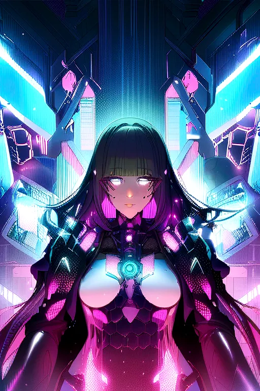 An extremely complex synthesizer and a girl merged into one
