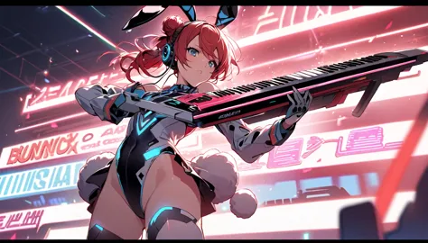 Beautiful girl, single, hair tied in two buns, red hair, glowing wires. Wear a half hat, headphones, bunny ears, and a neon sci-...