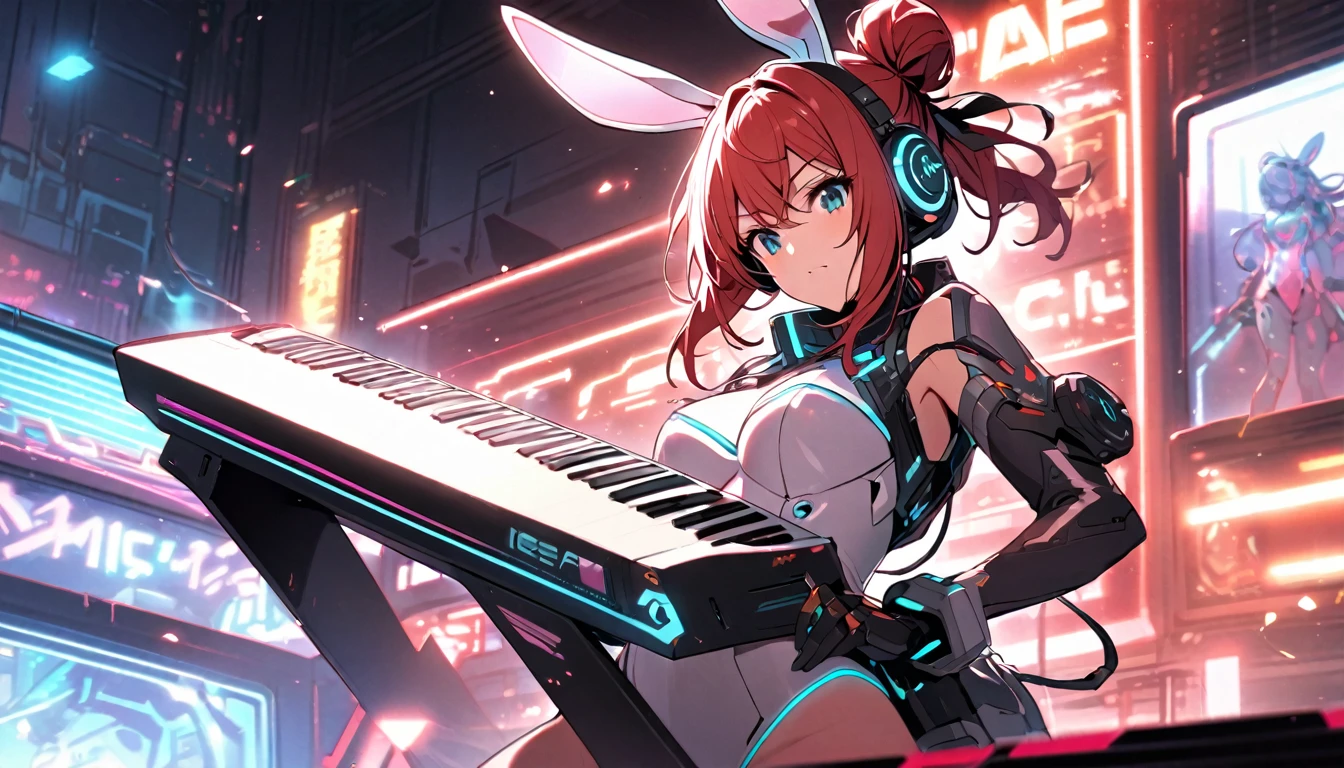 Beautiful girl, single, hair tied in two buns, red hair, glowing wires. Wear a half hat, headphones, bunny ears, and a neon sci-fi robot leotard. Behind it is a robot with neon lights. The background image is a large robot clearly visible, on stage playing Keytar.