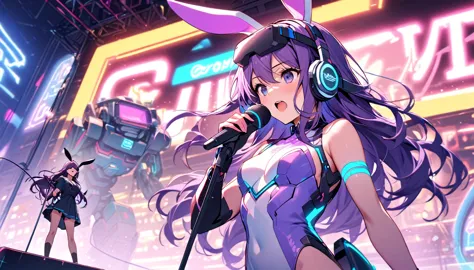 Beautiful girl, single, long hair, purple hair, glowing wires Wearing a half-cap, headphones, bunny ears, a neon-toned sci-fi ro...